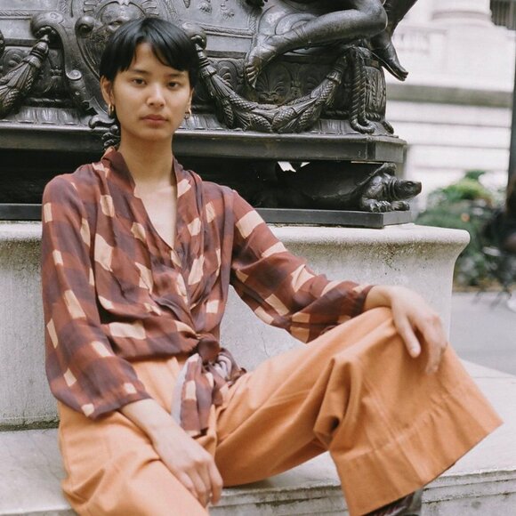 Wray Long Sleeve Wrap Top in Painted Check – XS - Picture 8 of 9